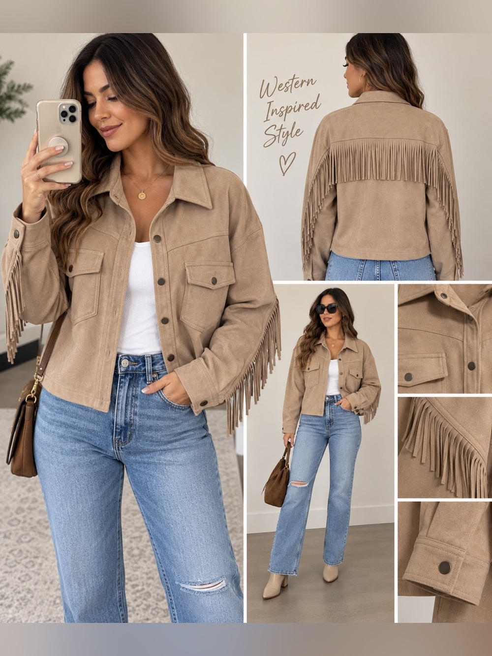 Le Lis Taupe Fringe Suede-Style Button Front Jacket
